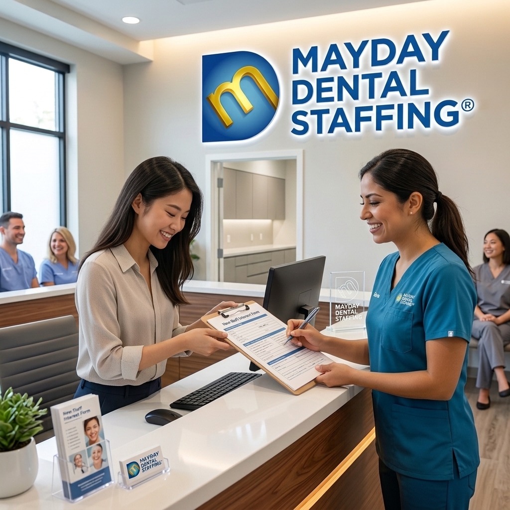 Mayday Dental Staffing team member checking in a professional at the front desk