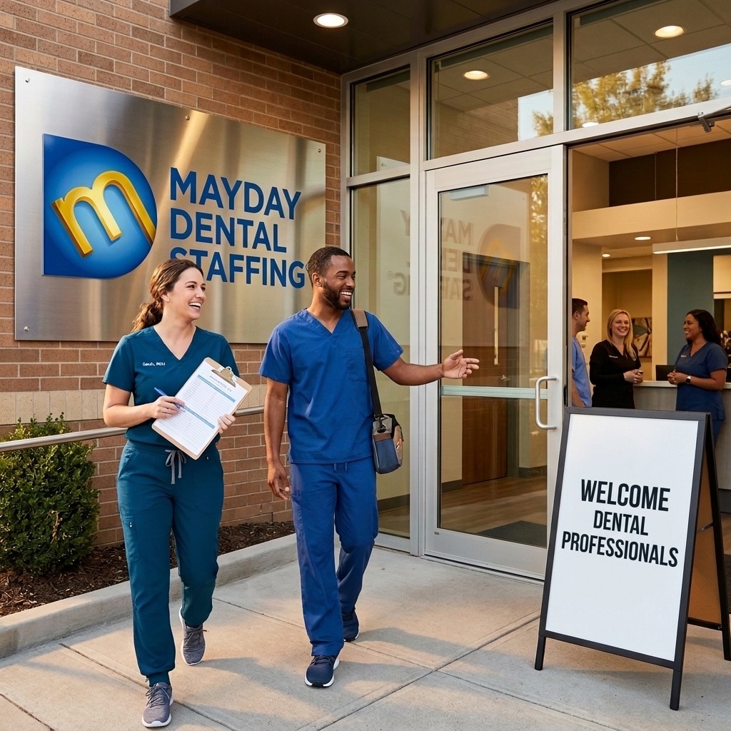 Mayday Dental Staffing professionals arriving outside a branded dental office